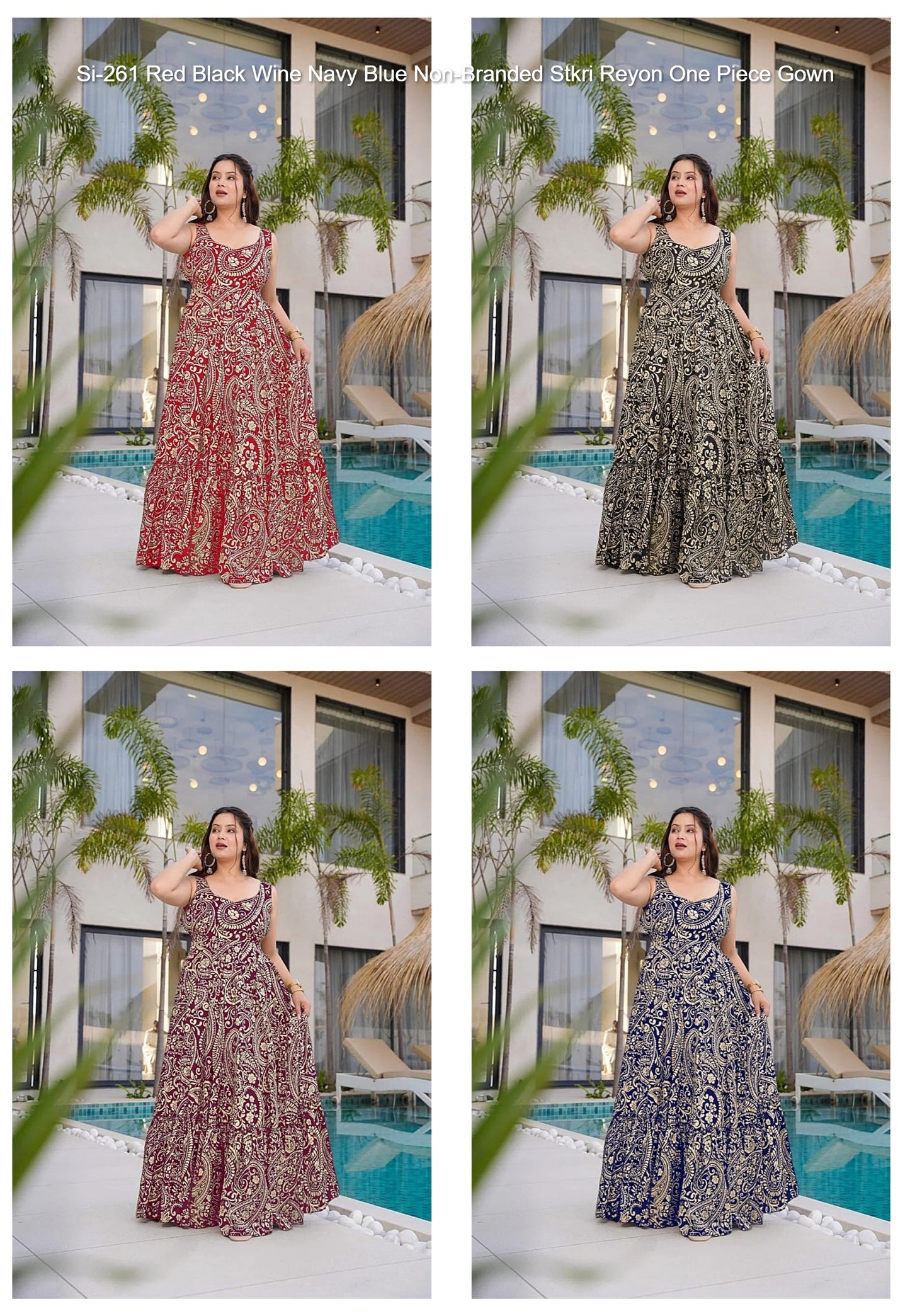 Si-261 Red Black Wine Navy Blue Non-Branded Stkri Reyon One Piece Gown