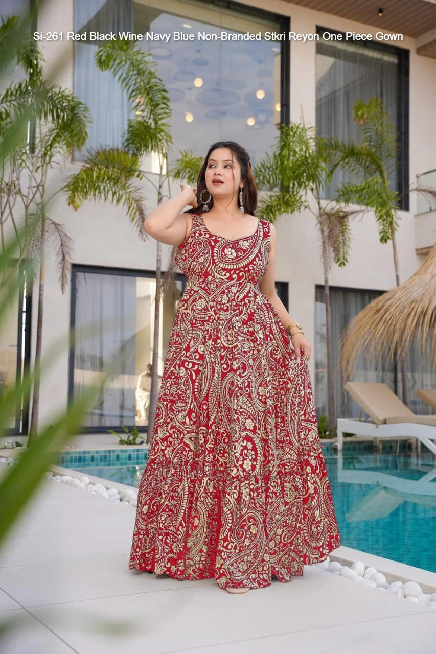 Si-261 Red Black Wine Navy Blue Non-Branded Stkri Reyon One Piece Gown