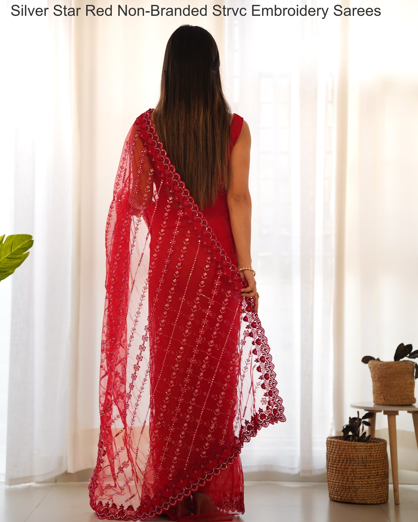 Silver Star Red Non-Branded Strvc Embroidery Sarees