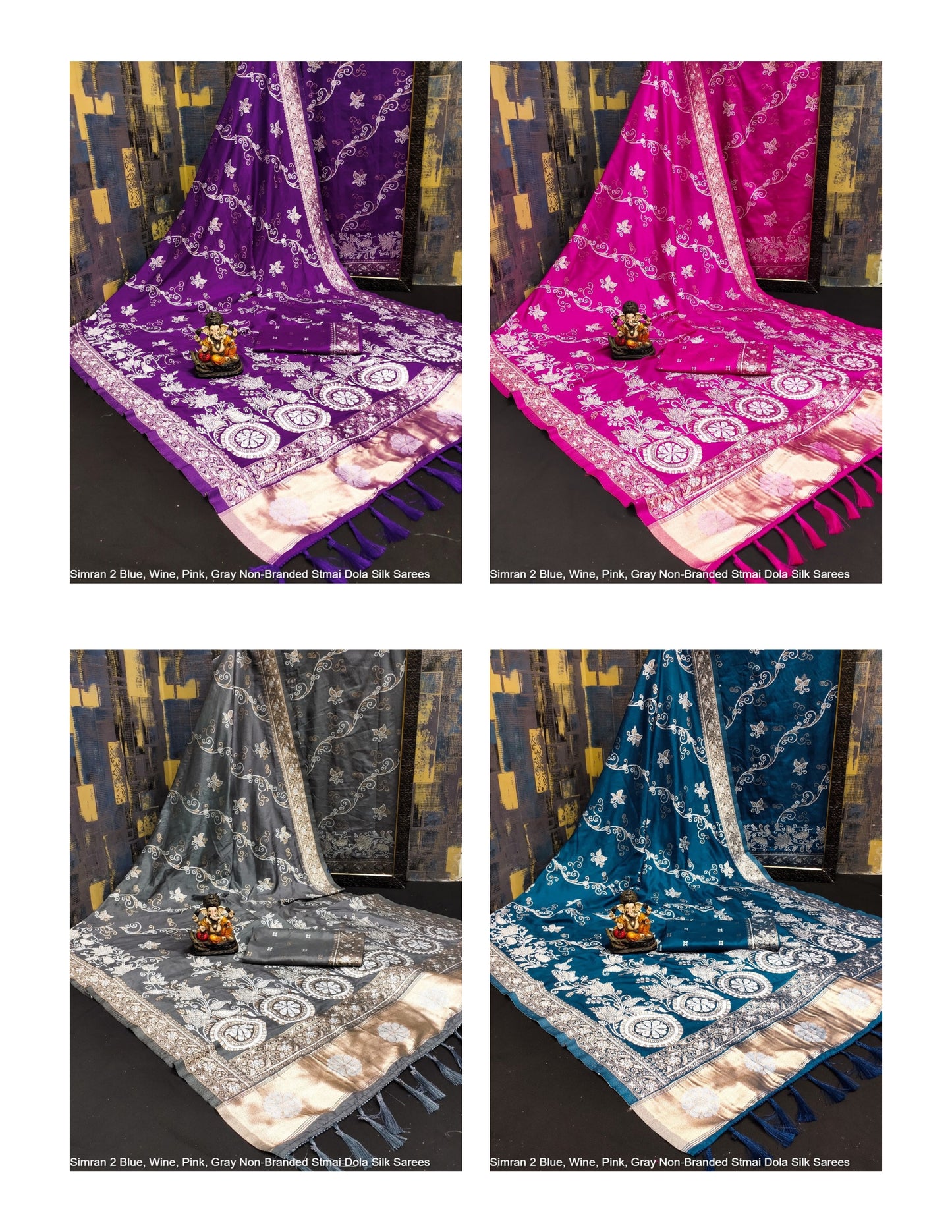 Simran 2 Blue, Wine, Pink, Gray Non-Branded Stmai Dola Silk Sarees