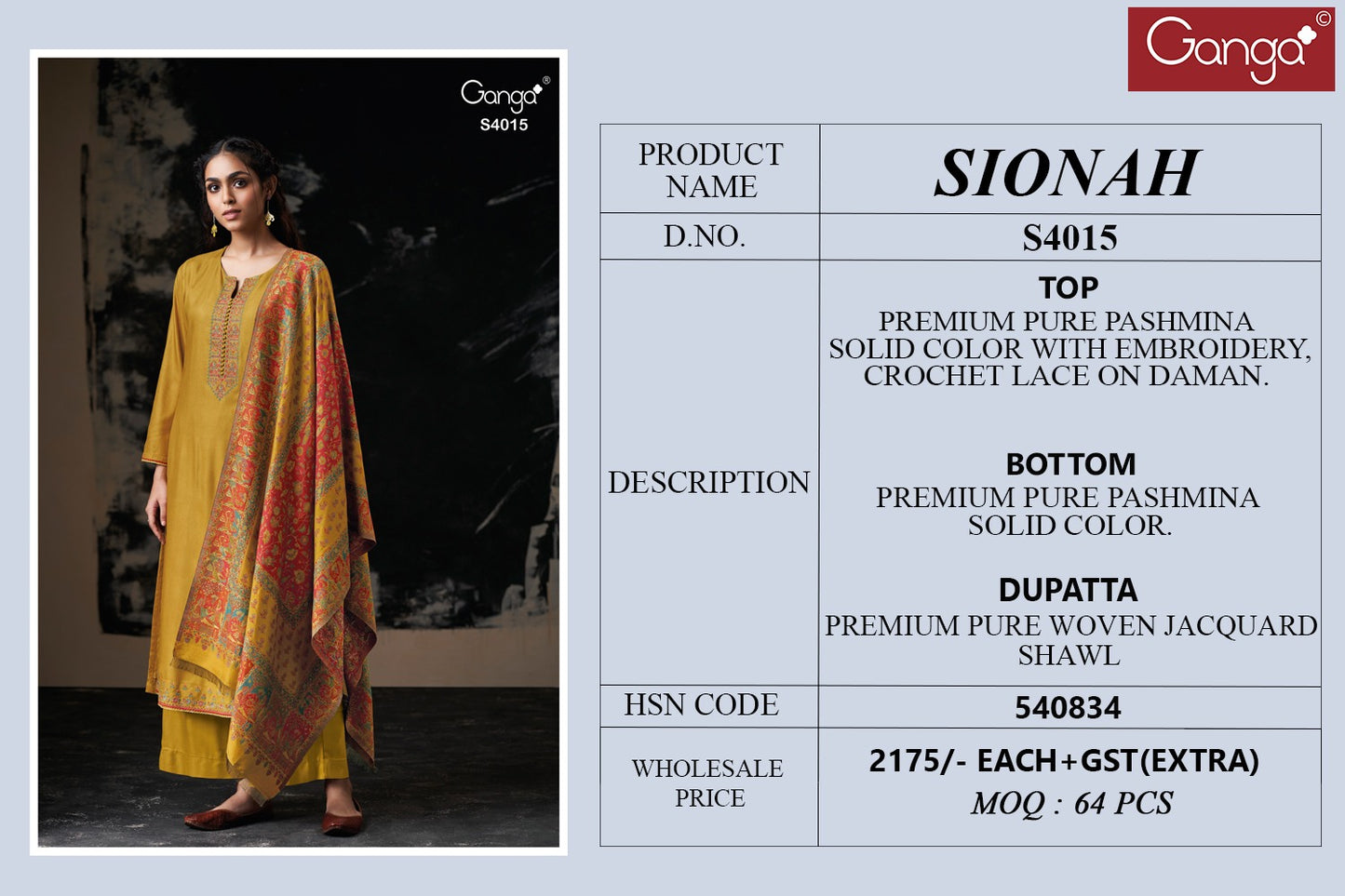 Sionah 4015 Ganga Embroidery Unstitched Suits