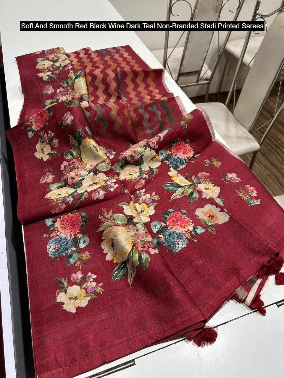 Soft And Smooth Red Black Wine Dark Teal Non-Branded Stadi Printed Sarees