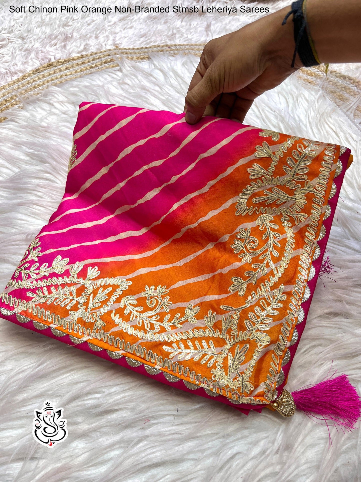 Soft Chinon Pink Orange Non-Branded Stmsb Leheriya Sarees