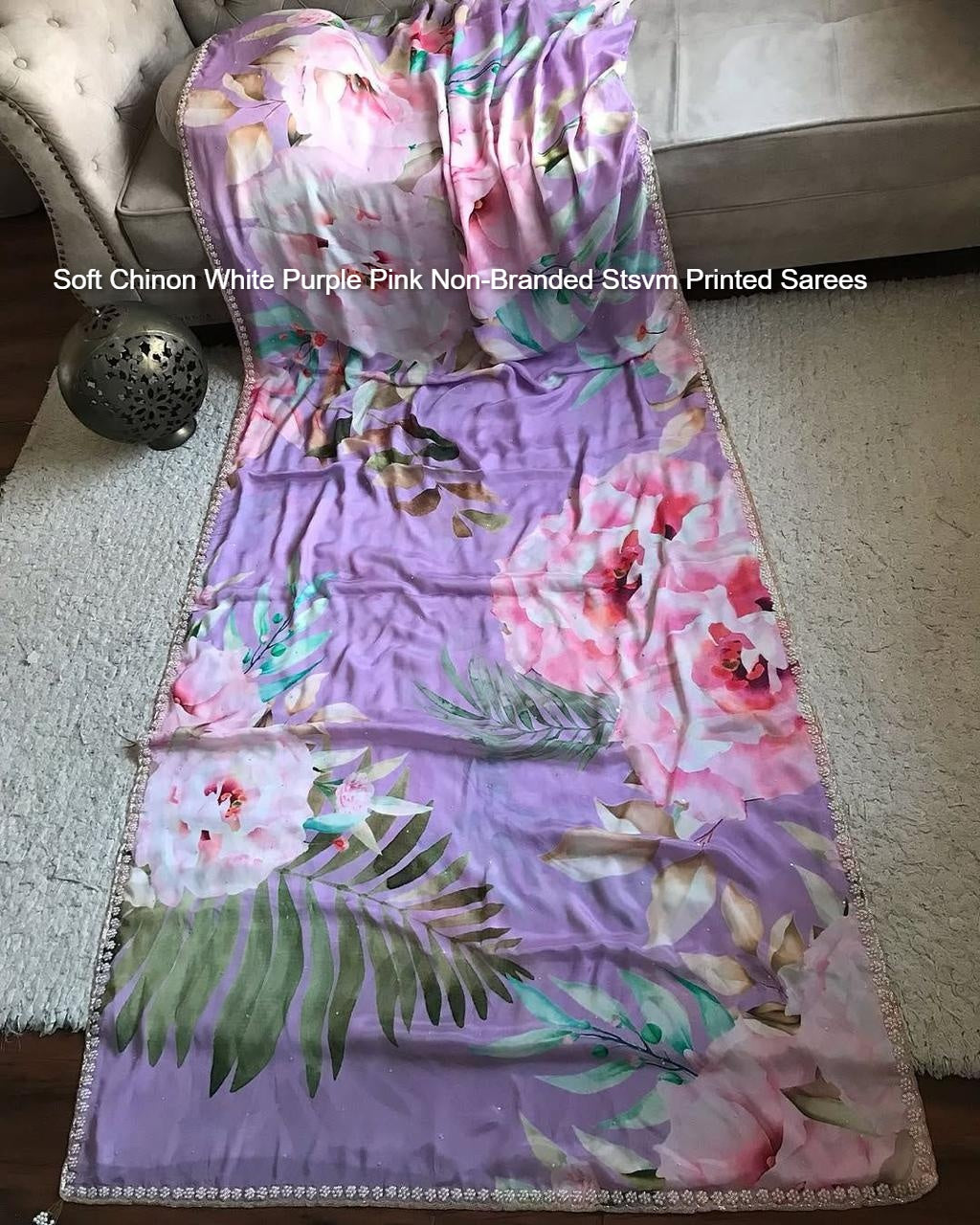 Soft Chinon White Purple Pink Non-Branded Stsvm Printed Sarees