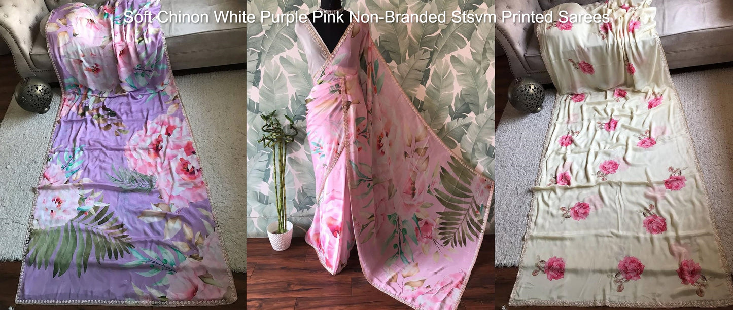 Soft Chinon White Purple Pink Non-Branded Stsvm Printed Sarees