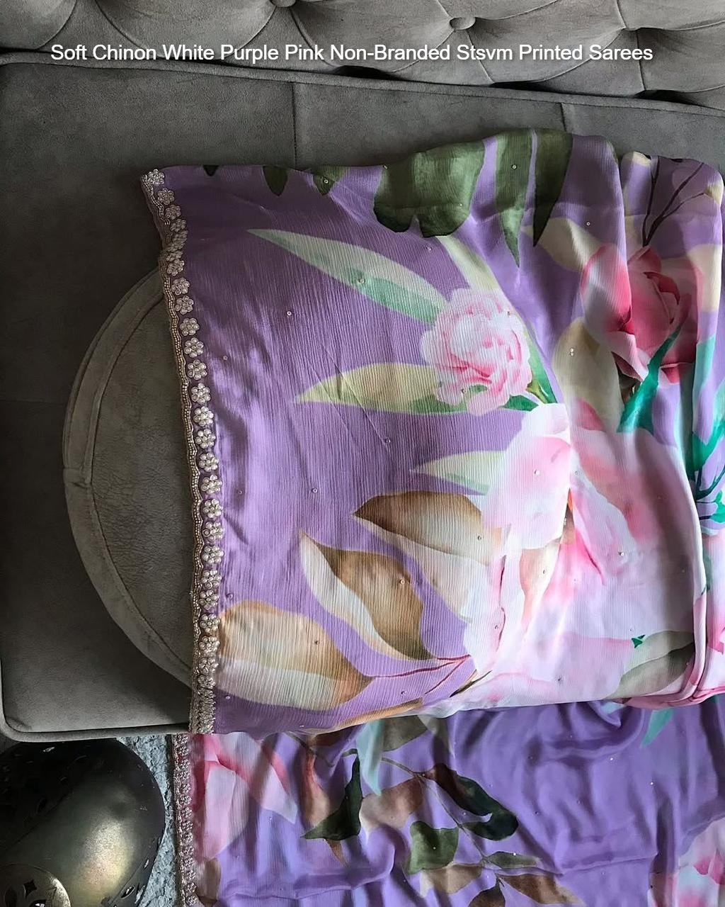 Soft Chinon White Purple Pink Non-Branded Stsvm Printed Sarees