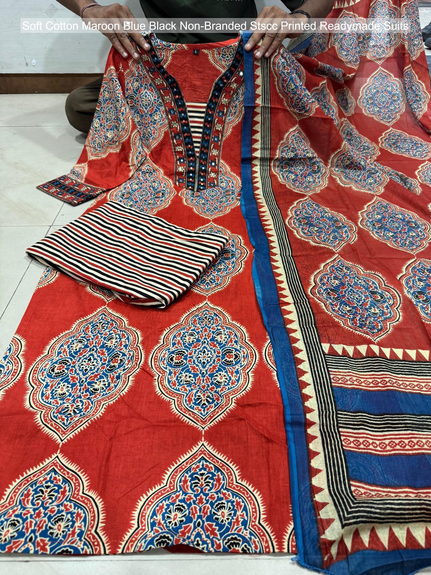 Soft Cotton Maroon Blue Black Non-Branded Stscc Printed Readymade Suits