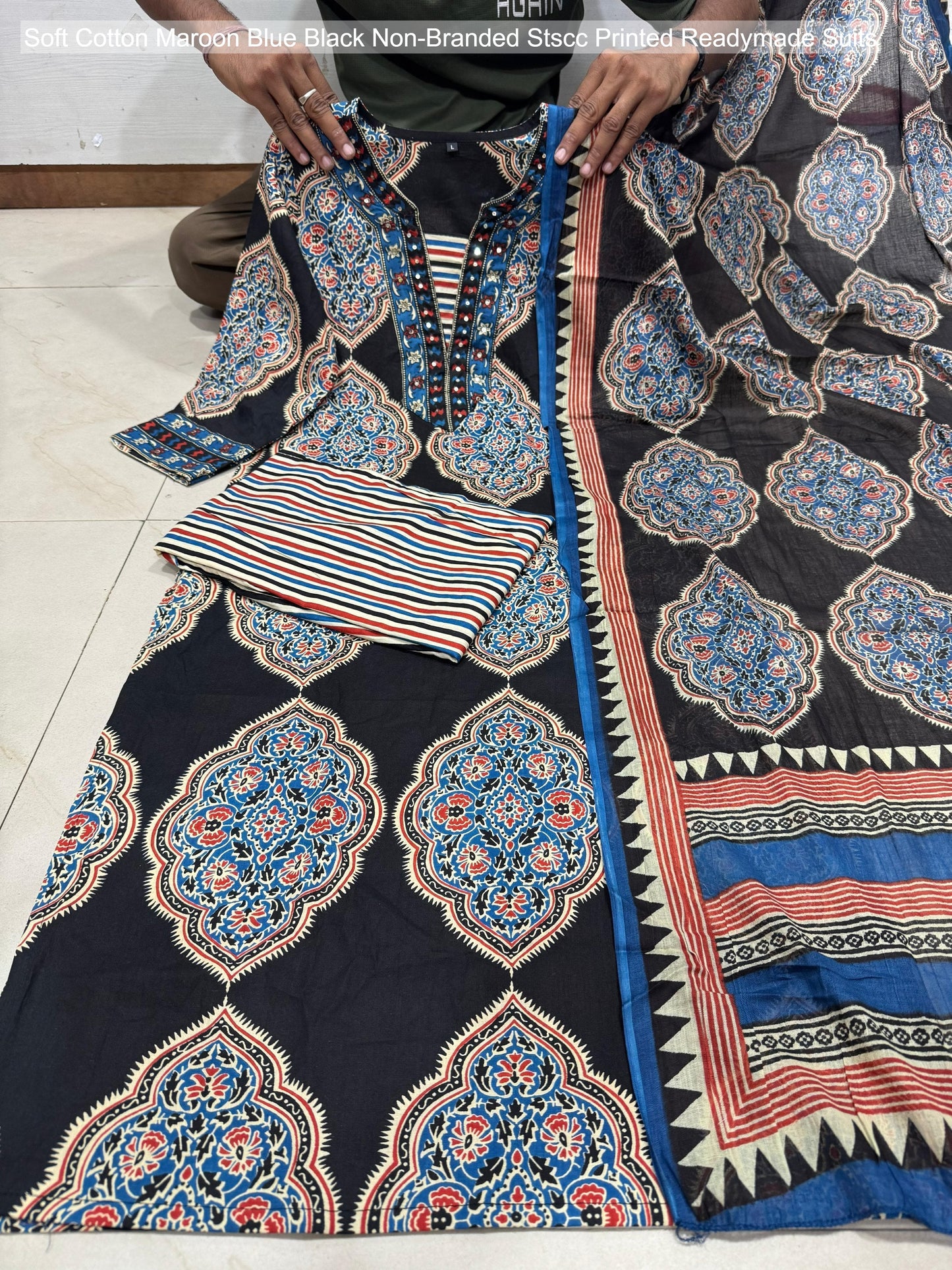 Soft Cotton Maroon Blue Black Non-Branded Stscc Printed Readymade Suits