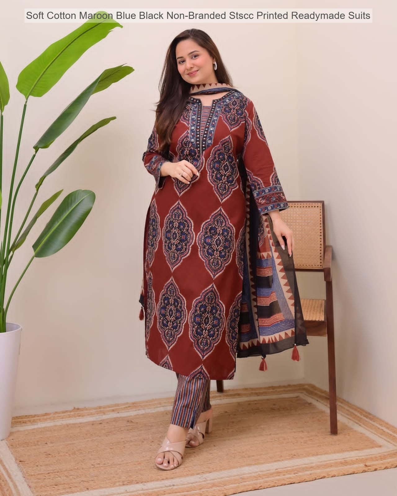 Soft Cotton Maroon Blue Black Non-Branded Stscc Printed Readymade Suits
