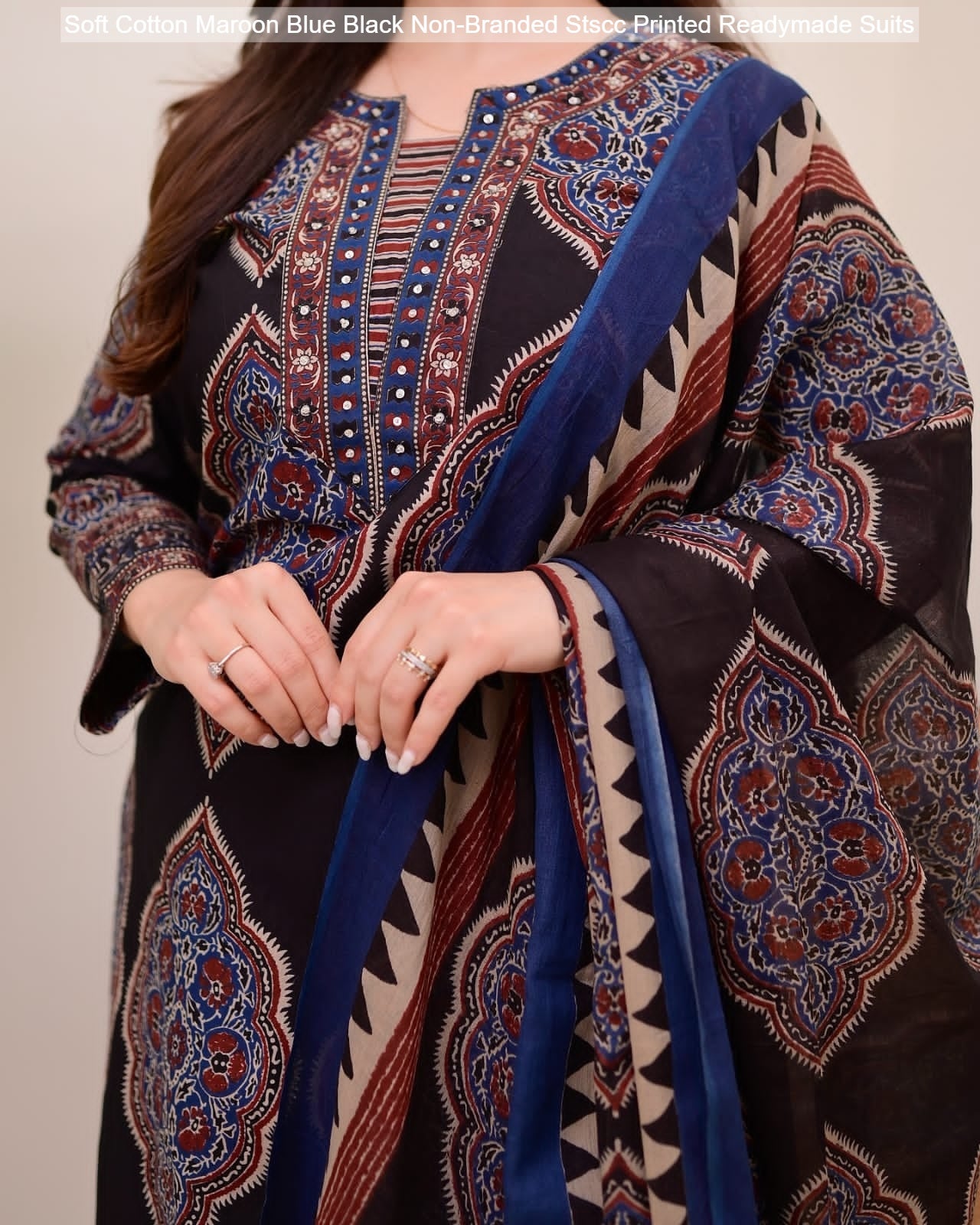 Soft Cotton Maroon Blue Black Non-Branded Stscc Printed Readymade Suits