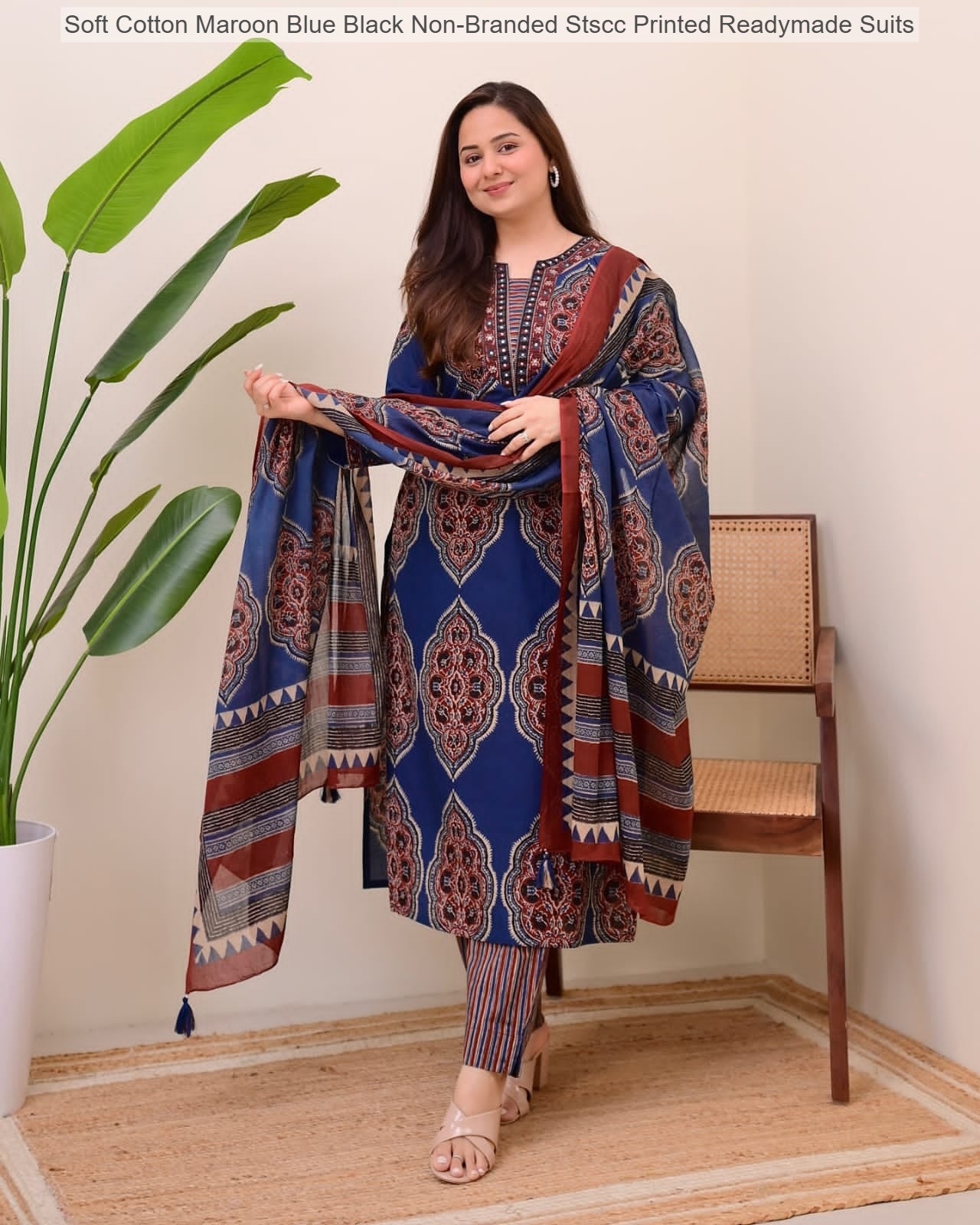 Soft Cotton Maroon Blue Black Non-Branded Stscc Printed Readymade Suits
