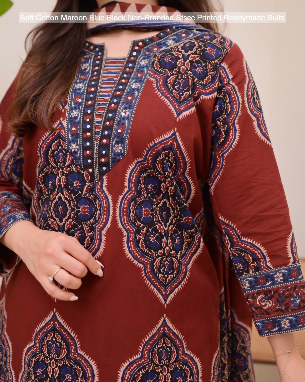 Soft Cotton Maroon Blue Black Non-Branded Stscc Printed Readymade Suits