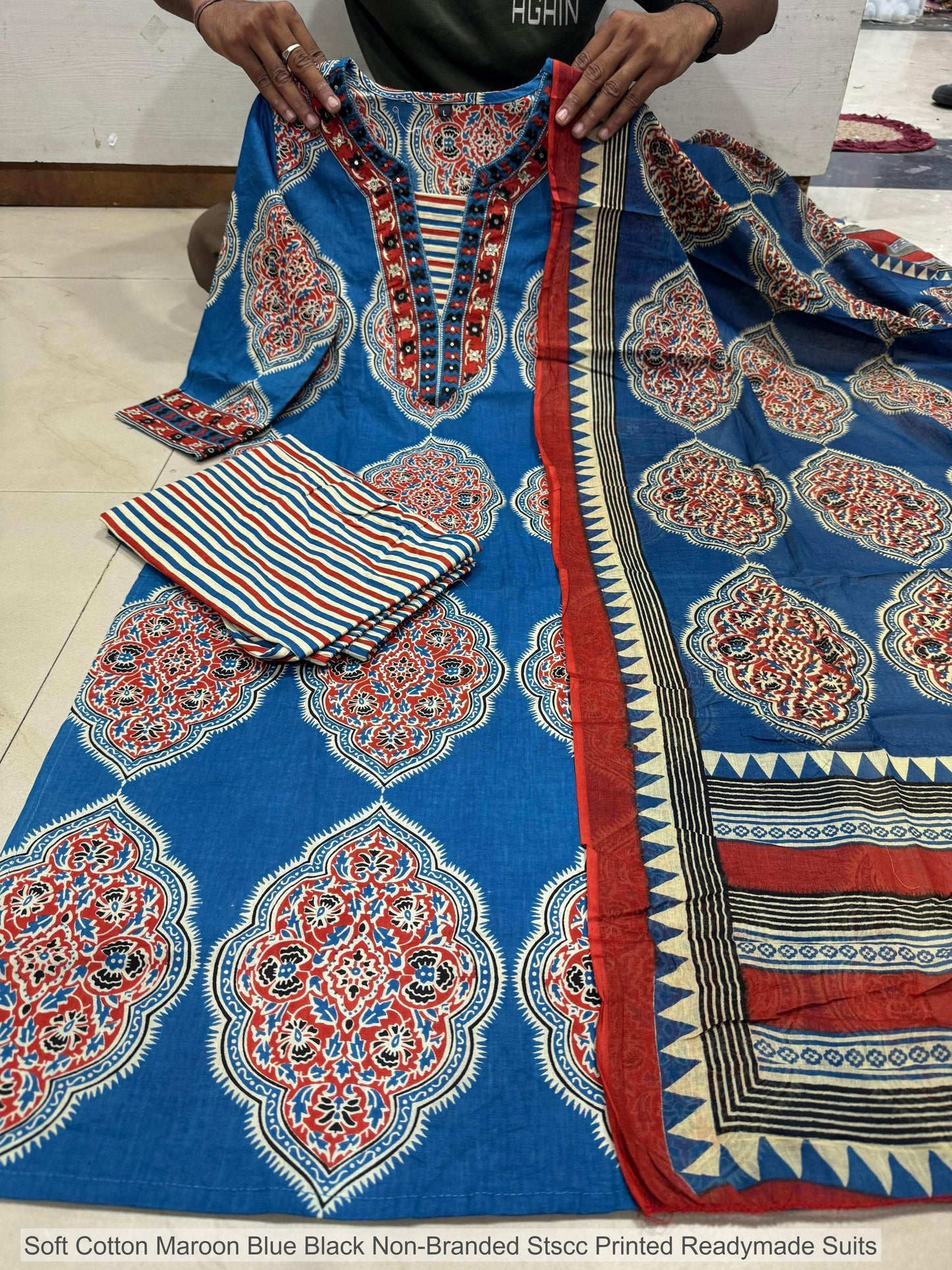 Soft Cotton Maroon Blue Black Non-Branded Stscc Printed Readymade Suits