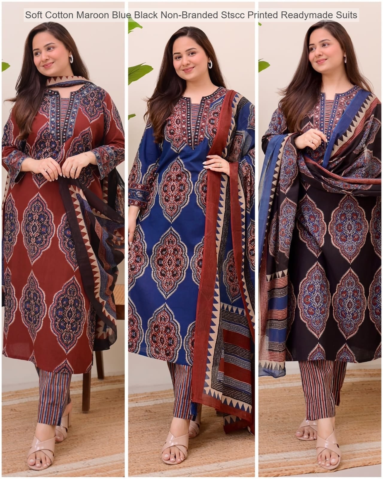 Soft Cotton Maroon Blue Black Non-Branded Stscc Printed Readymade Suits