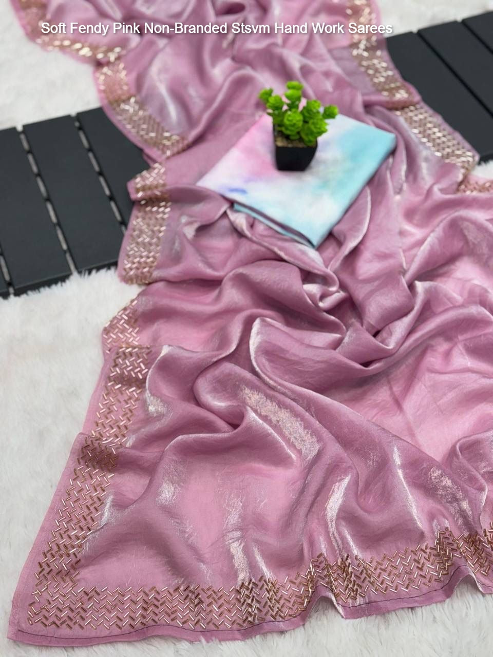 Soft Fendy Pink Non-Branded Stsvm Hand Work Sarees