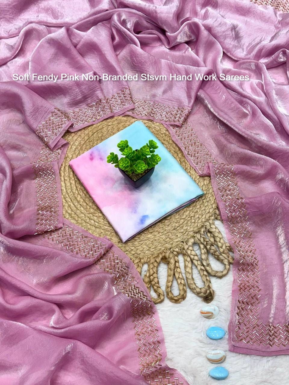 Soft Fendy Pink Non-Branded Stsvm Hand Work Sarees