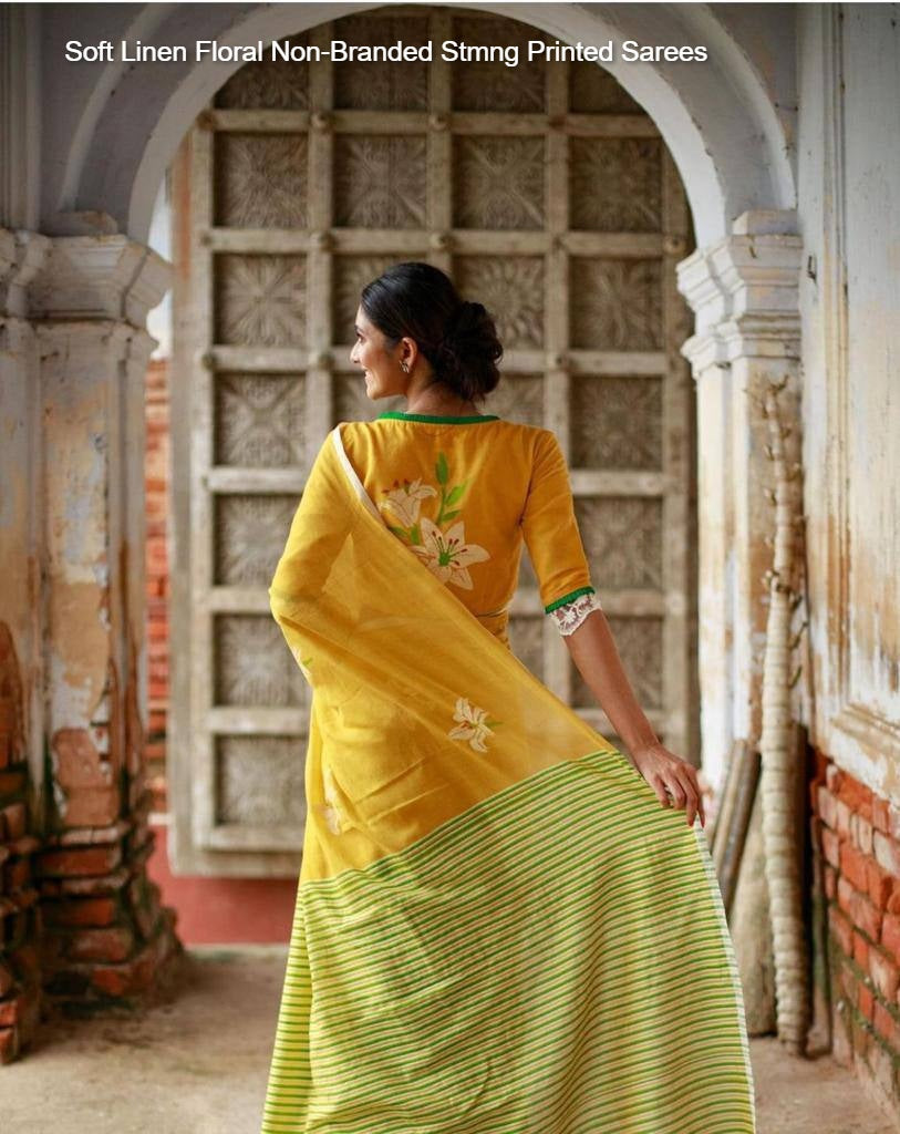 Soft Linen Floral Non-Branded Stmng Printed Sarees