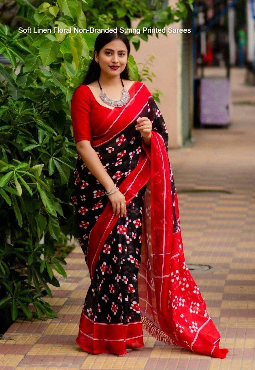 Soft Linen Floral Non-Branded Stmng Printed Sarees