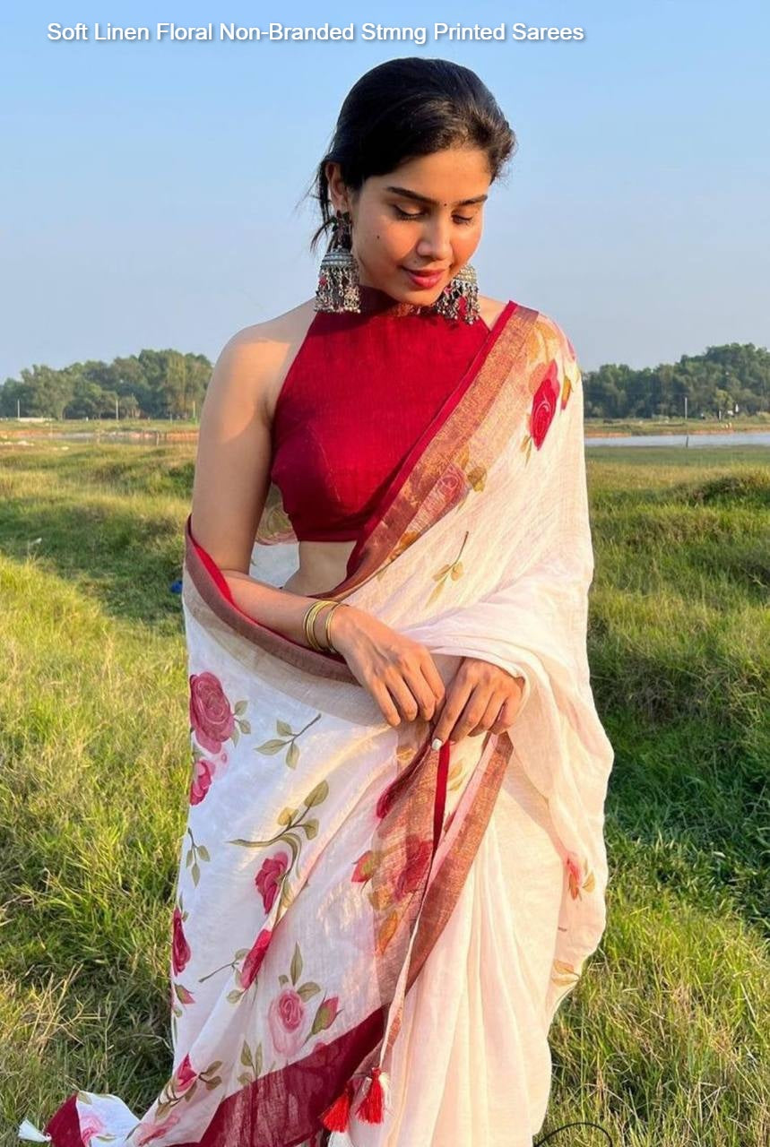 Soft Linen Floral Non-Branded Stmng Printed Sarees