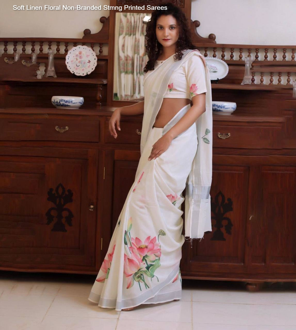 Soft Linen Floral Non-Branded Stmng Printed Sarees