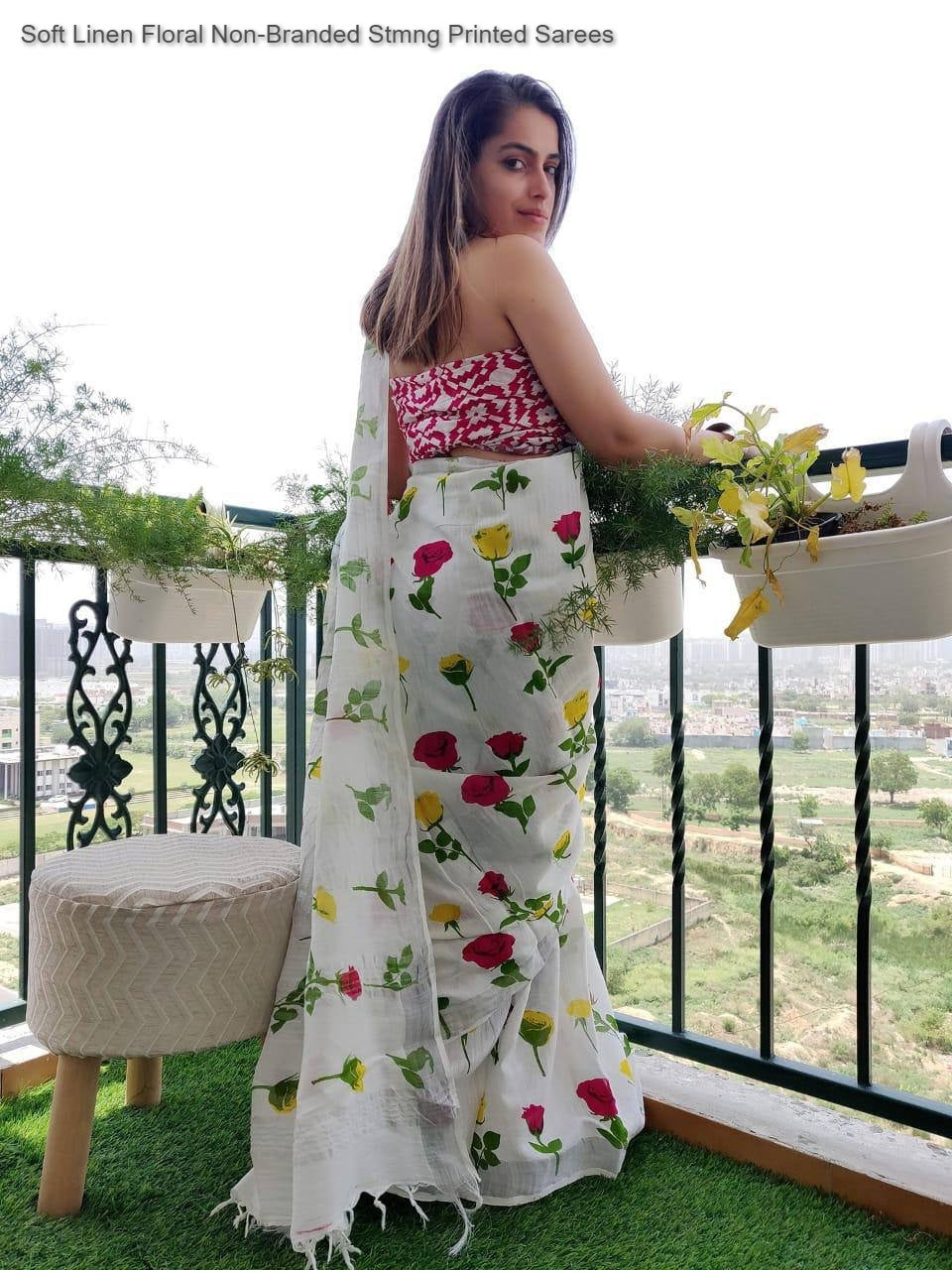 Soft Linen Floral Non-Branded Stmng Printed Sarees