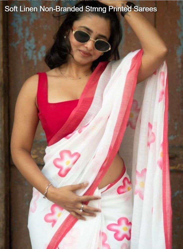 Soft Linen Non-Branded Stmng Printed Sarees