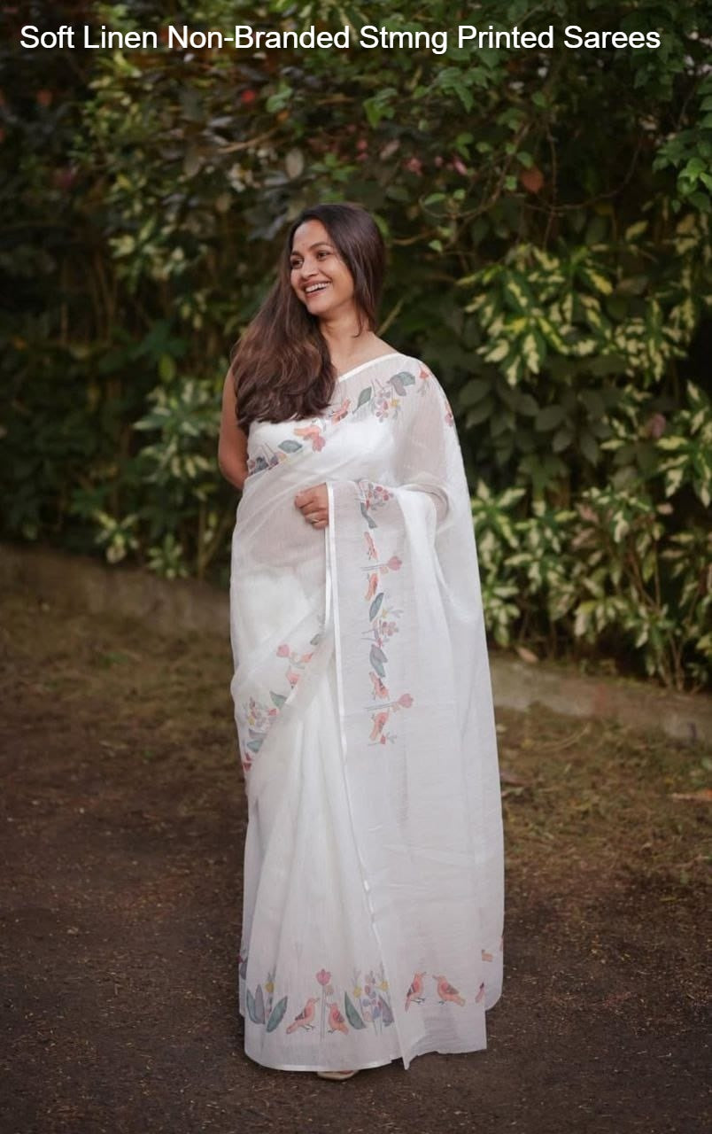 Soft Linen Non-Branded Stmng Printed Sarees