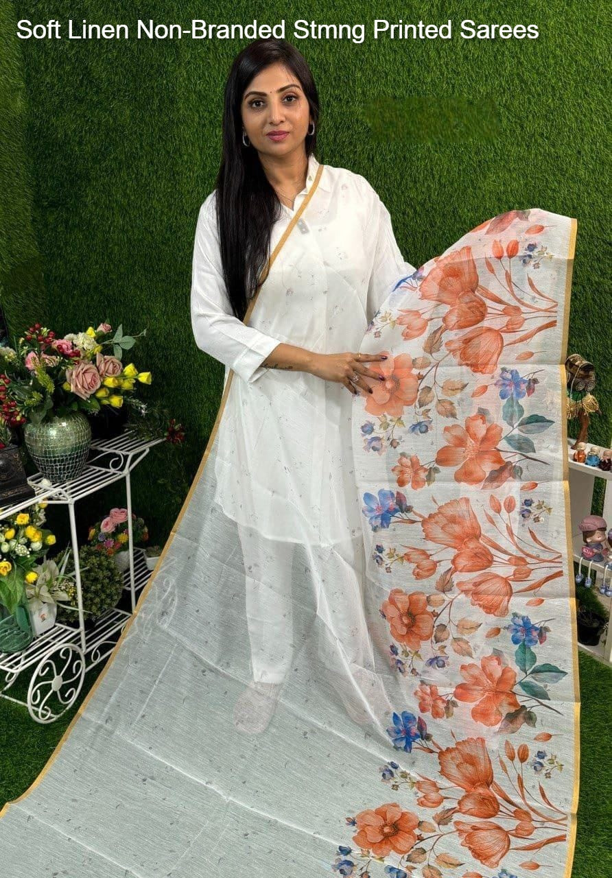 Soft Linen Non-Branded Stmng Printed Sarees