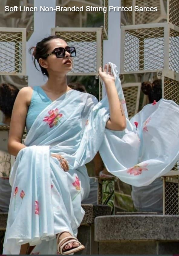 Soft Linen Non-Branded Stmng Printed Sarees