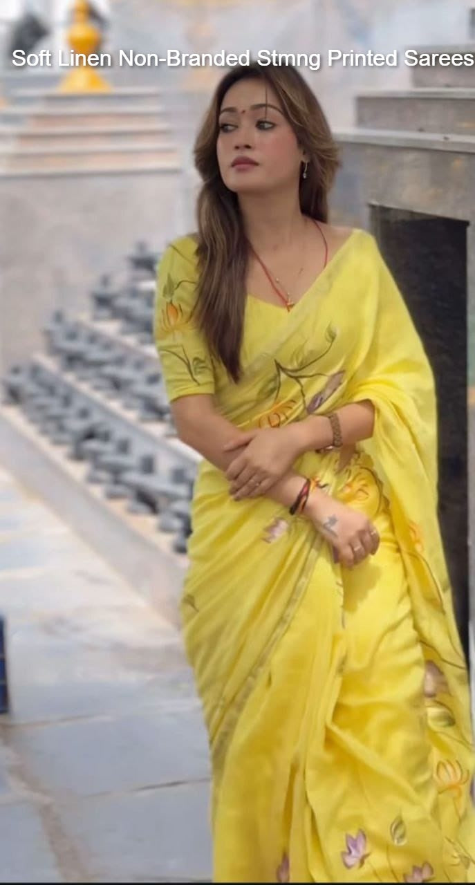 Soft Linen Non-Branded Stmng Printed Sarees
