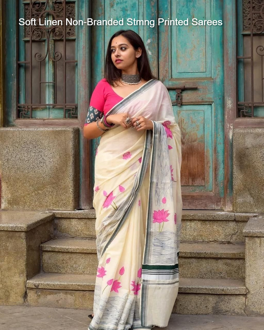 Soft Linen Non-Branded Stmng Printed Sarees