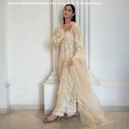 Soft Net White Non-Branded Stkri Embroidery Readymade Suits