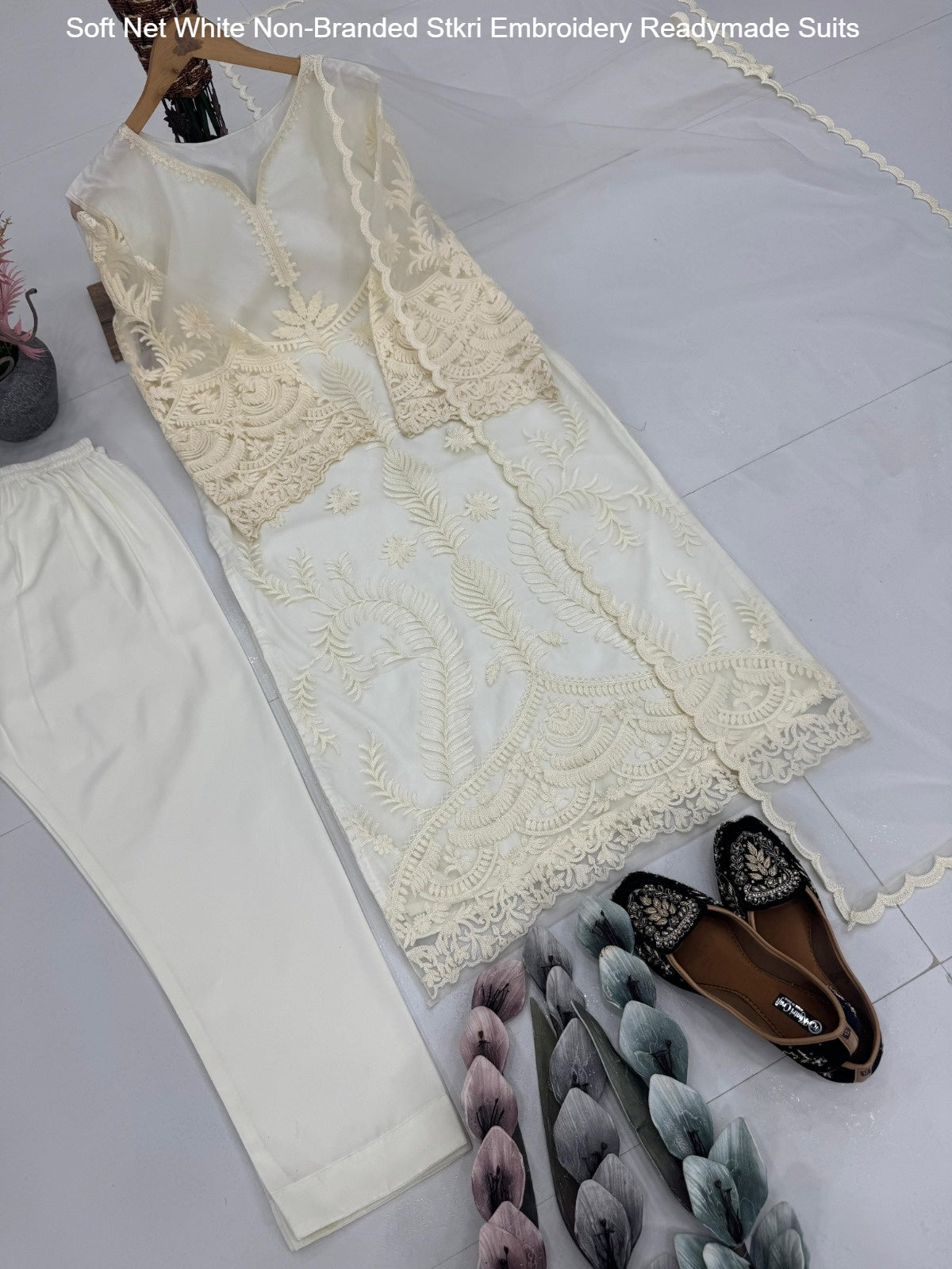 Soft Net White Non-Branded Stkri Embroidery Readymade Suits