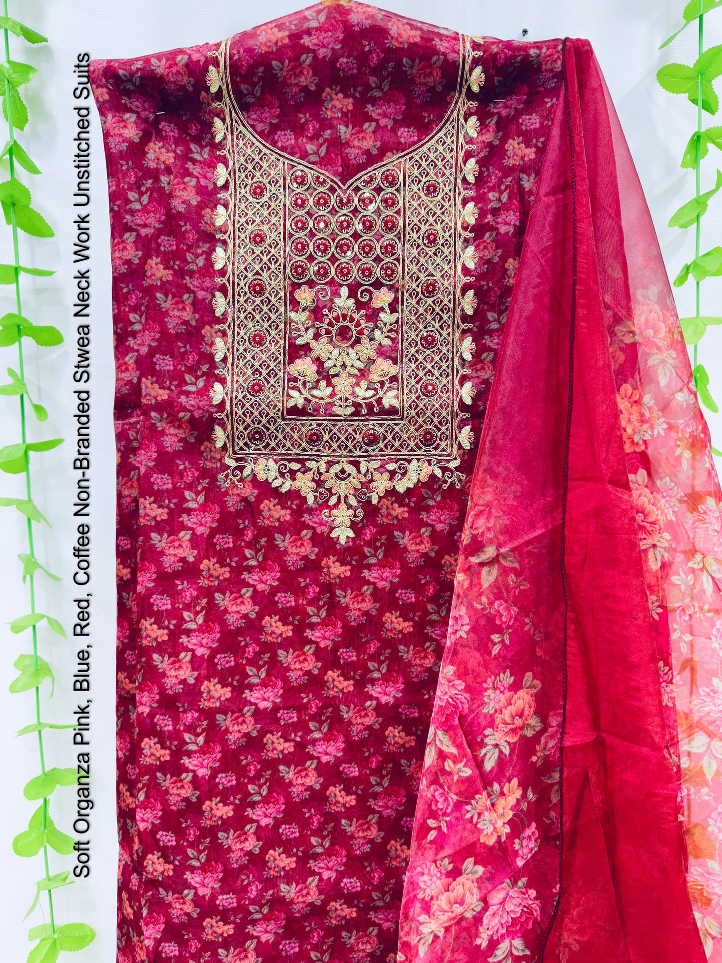 Soft Organza Pink, Blue, Red, Coffee Non-Branded Stwea Neck Work Unstitched Suits