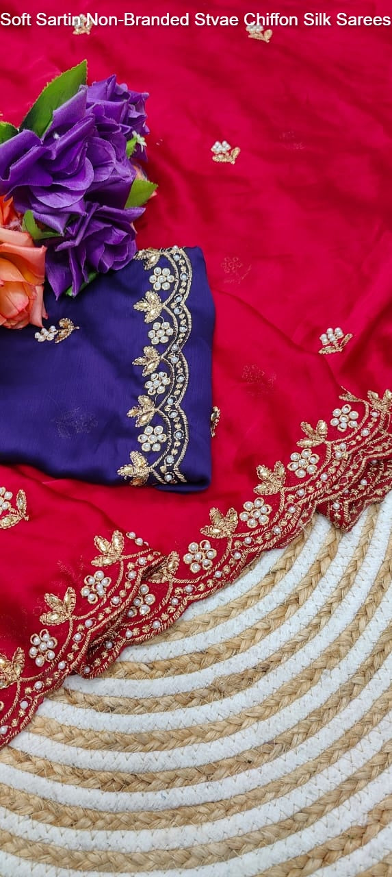 Soft Sartin Non-Branded Stvae Chiffon Silk Sarees