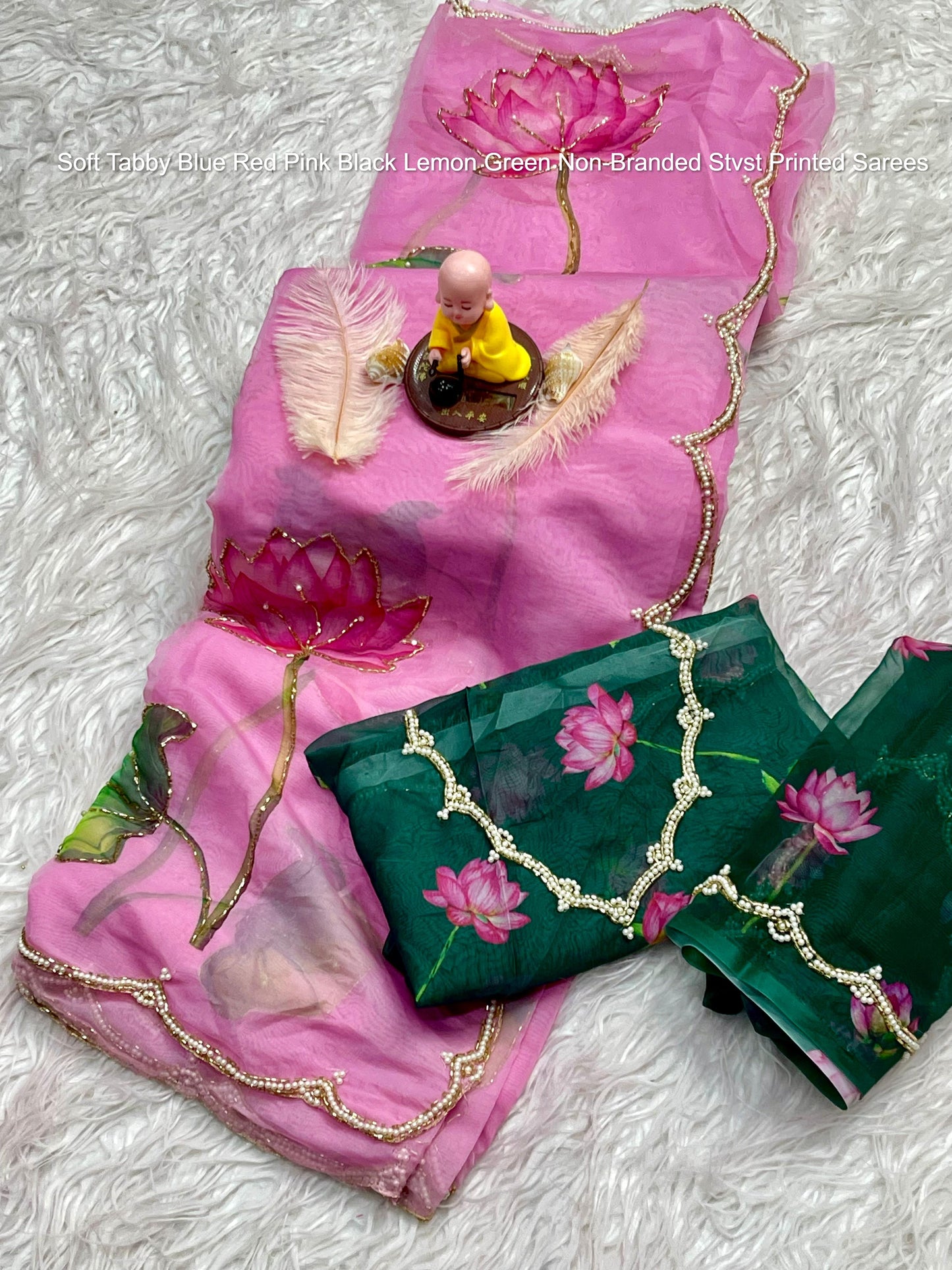 Soft Tabby Blue Red Pink Black Lemon Green Non-Branded Stvst Printed Sarees