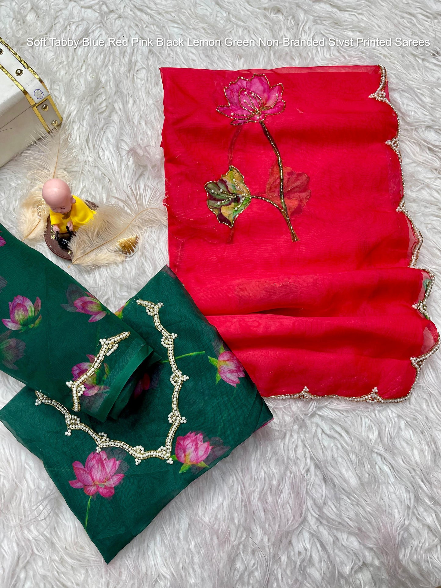 Soft Tabby Blue Red Pink Black Lemon Green Non-Branded Stvst Printed Sarees