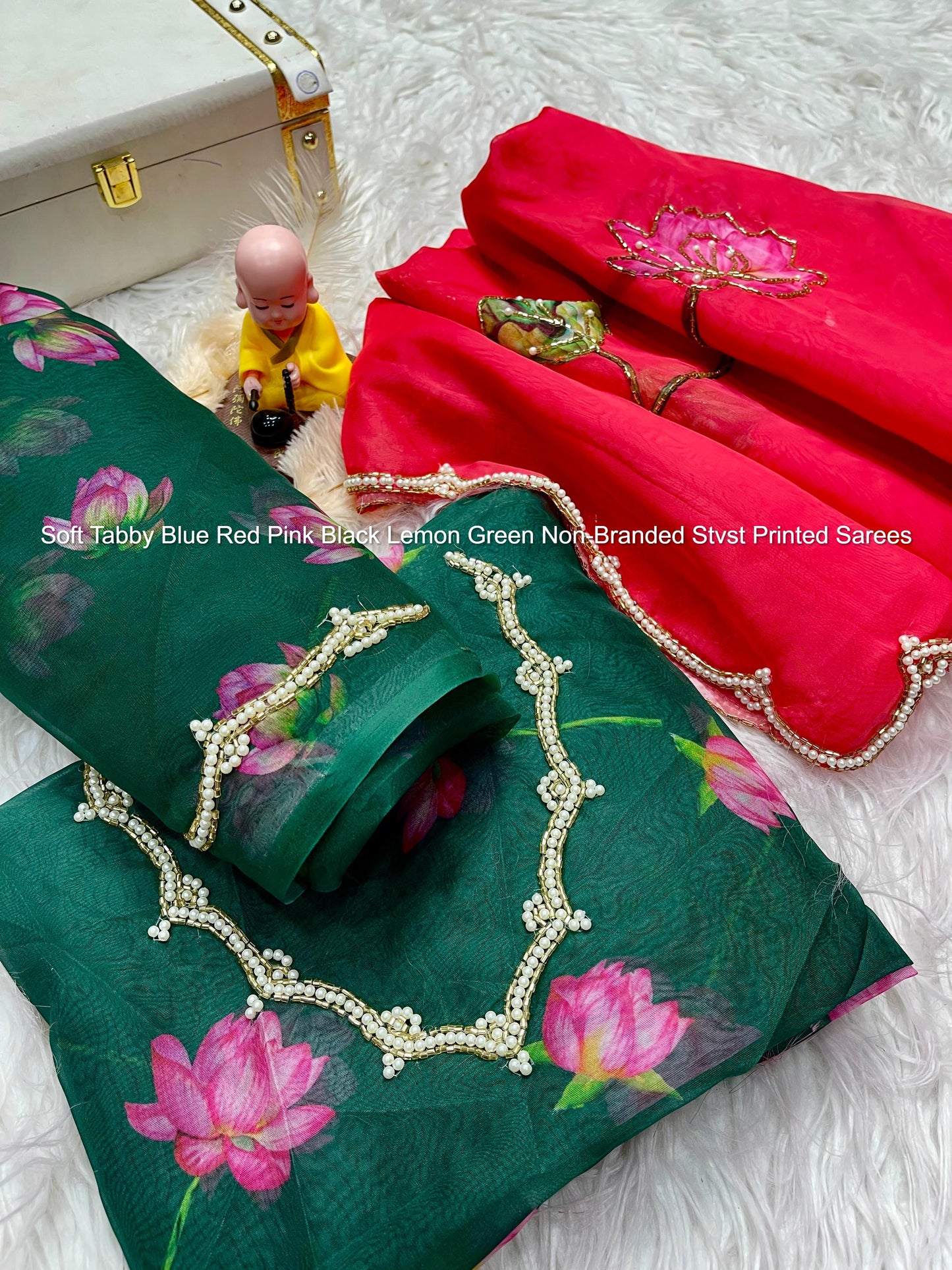 Soft Tabby Blue Red Pink Black Lemon Green Non-Branded Stvst Printed Sarees