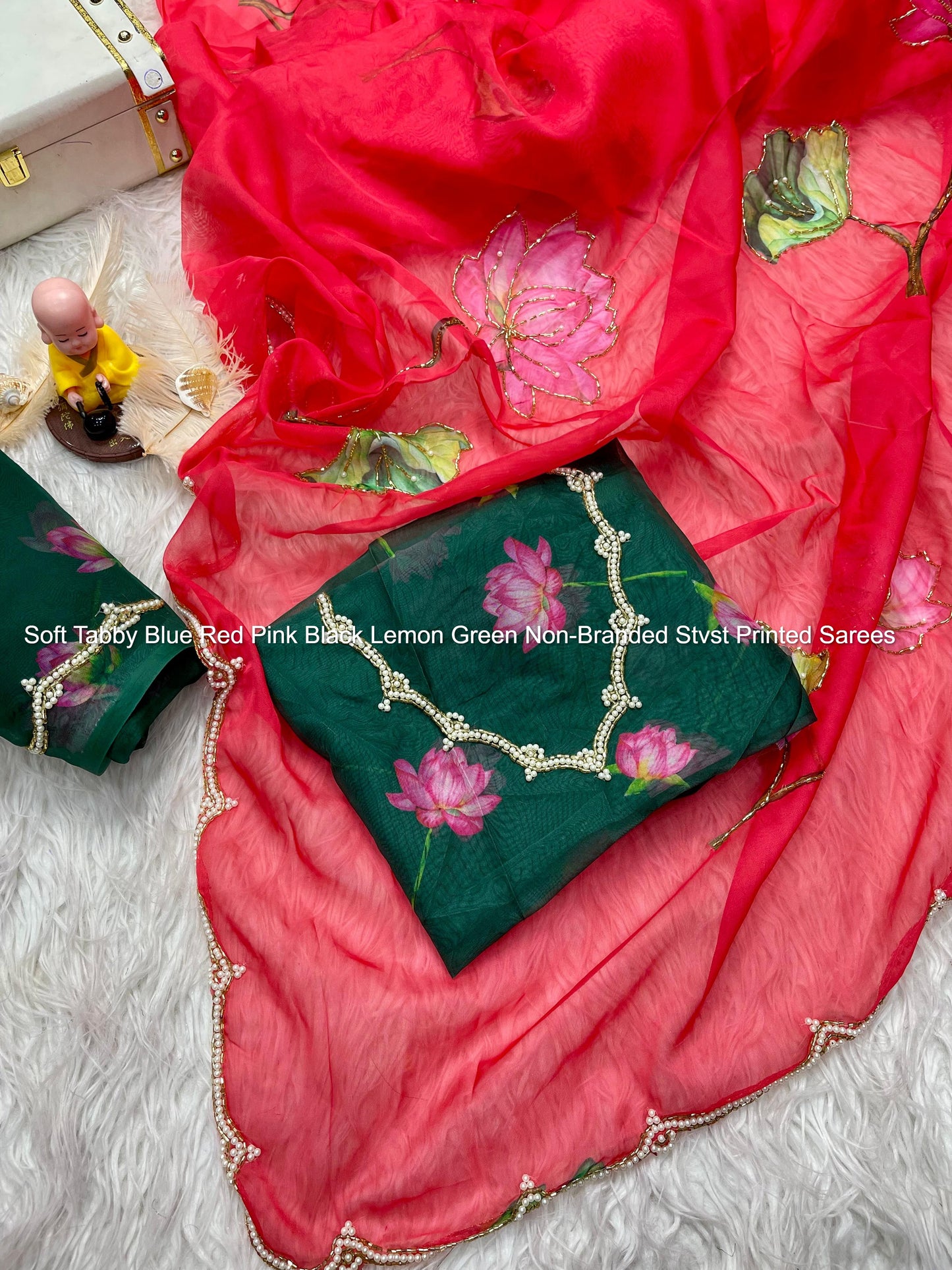 Soft Tabby Blue Red Pink Black Lemon Green Non-Branded Stvst Printed Sarees