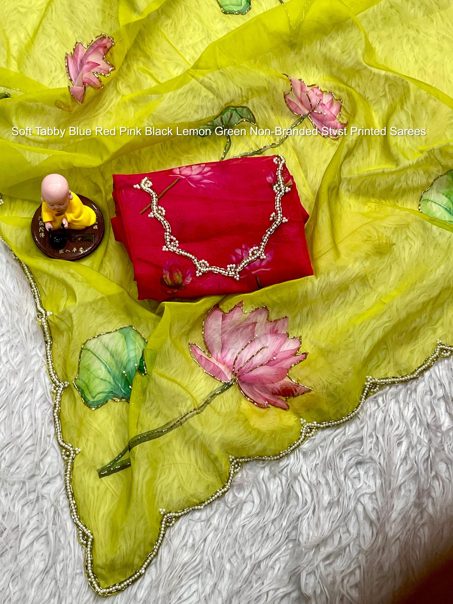 Soft Tabby Blue Red Pink Black Lemon Green Non-Branded Stvst Printed Sarees