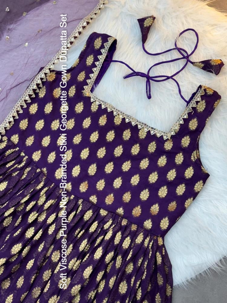 Soft Viscose Purple Non-Branded Stkri Georgette Gown Dupatta Set