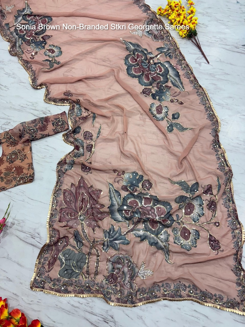 Sonia Brown Non-Branded Stkri Georgette Sarees
