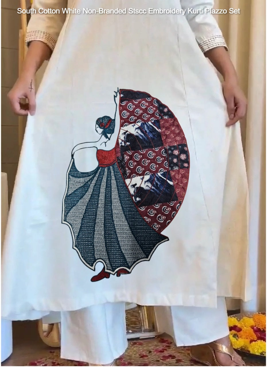 South Cotton White Non-Branded Stscc Embroidery Kurti Plazzo Set