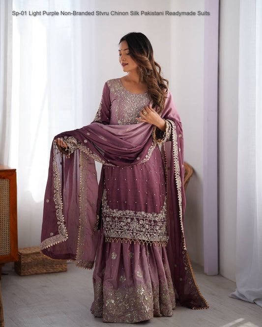 Sp-01 Light Purple Non-Branded Stvru Chinon Silk Pakistani Readymade Suits