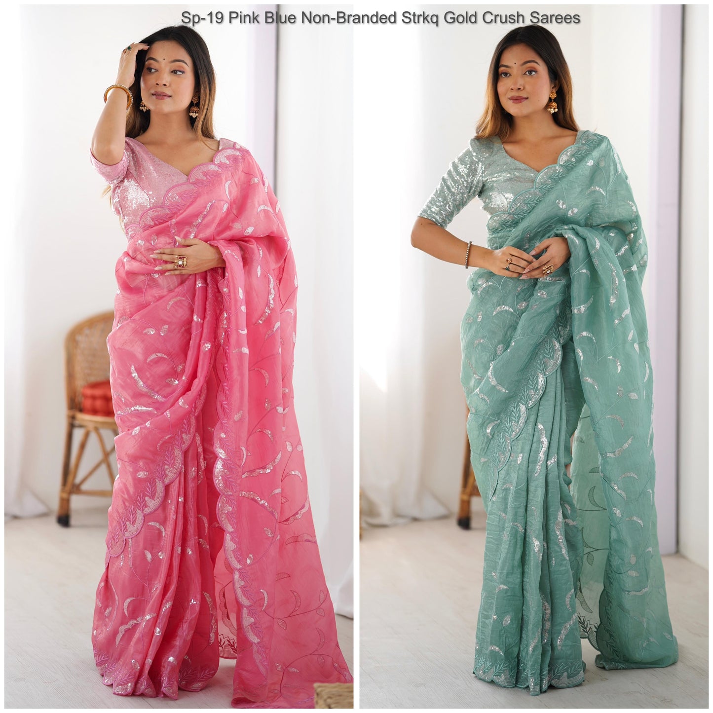 Sp-19 Pink Blue Non-Branded Strkq Gold Crush Sarees