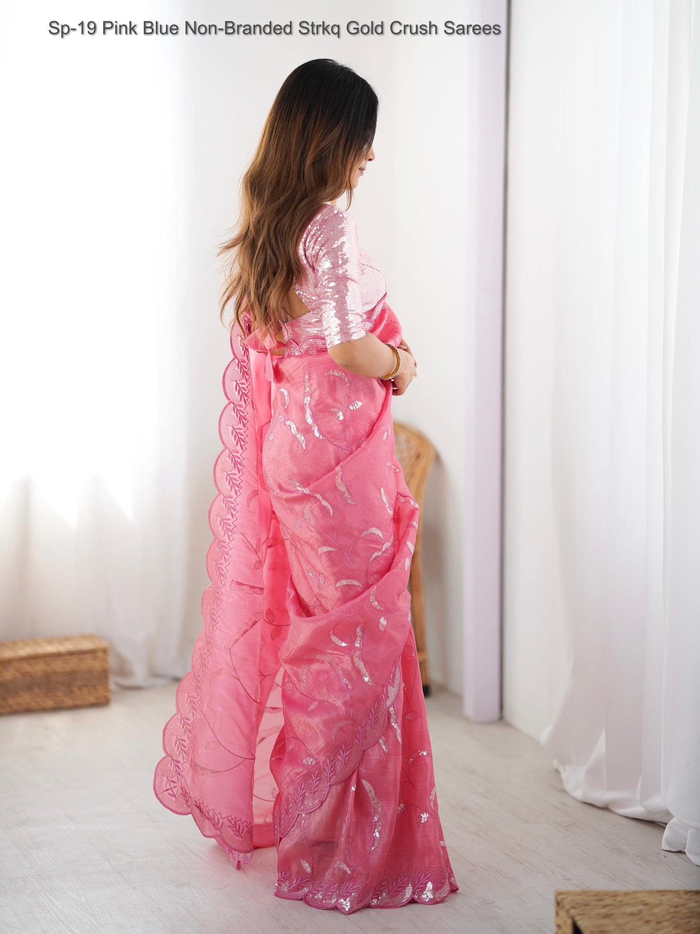 Sp-19 Pink Blue Non-Branded Strkq Gold Crush Sarees
