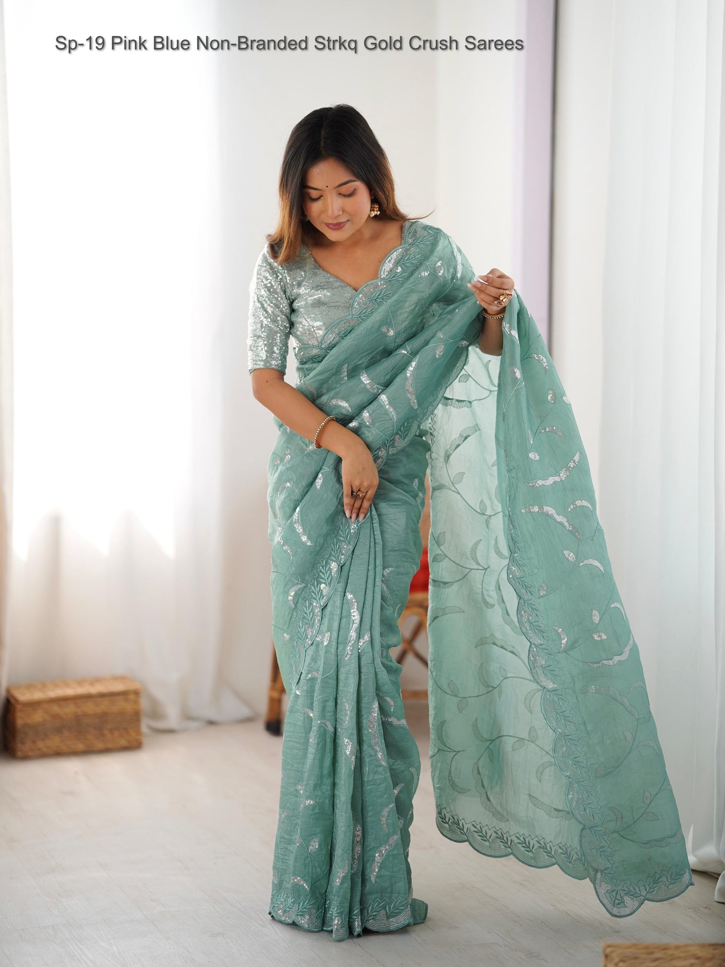 Sp-19 Pink Blue Non-Branded Strkq Gold Crush Sarees