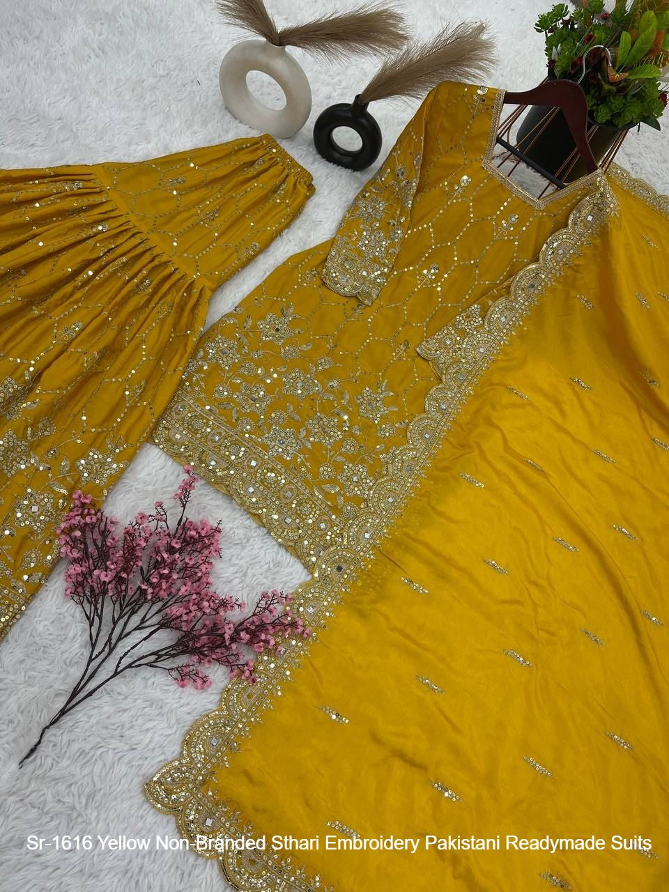 Sr-1616 Yellow Non-Branded Sthari Embroidery Pakistani Readymade Suits