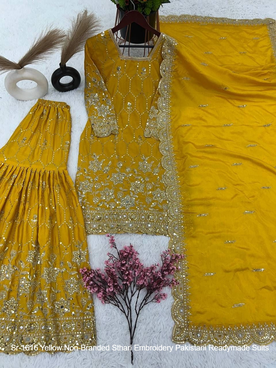Sr-1616 Yellow Non-Branded Sthari Embroidery Pakistani Readymade Suits