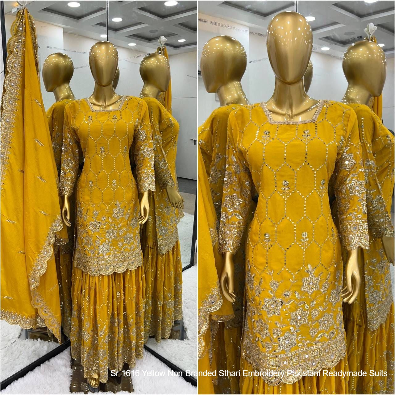 Sr-1616 Yellow Non-Branded Sthari Embroidery Pakistani Readymade Suits